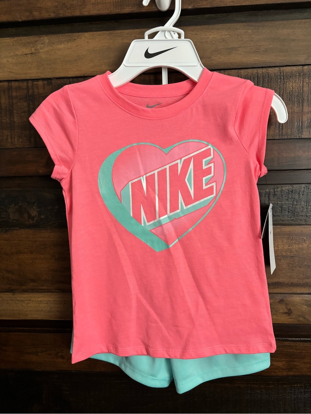 ✨NWT Nike Pink Short Sleeve Tee with Mint Green Heart Logo & Shorts✨